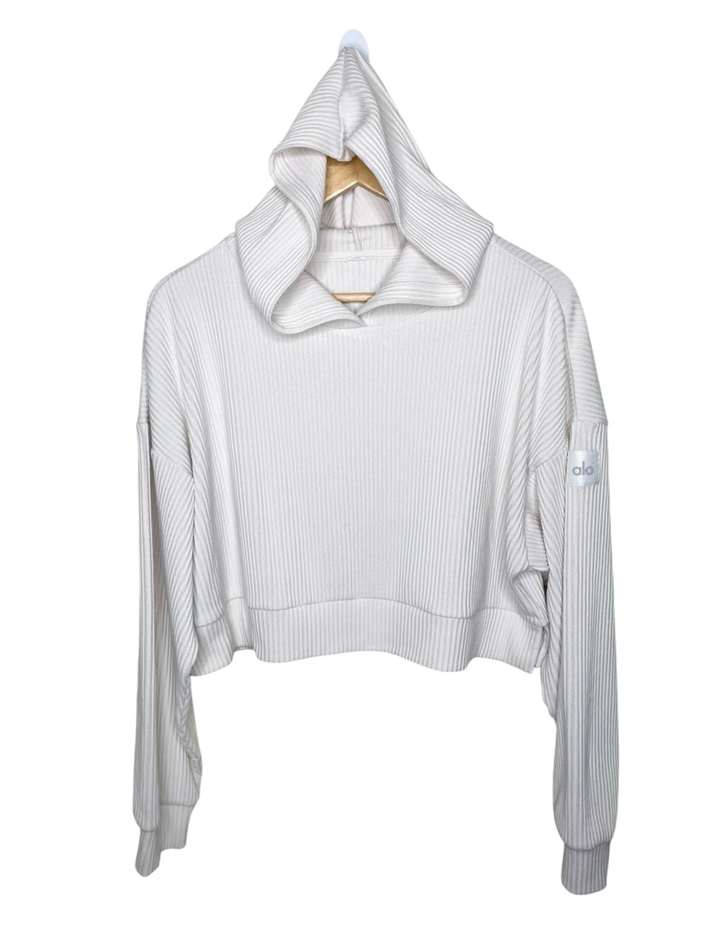 alo Yoga Muse Ribbed Crop Hoodie Pullover Ivory Cream L/XL - Picture 10 of 13
